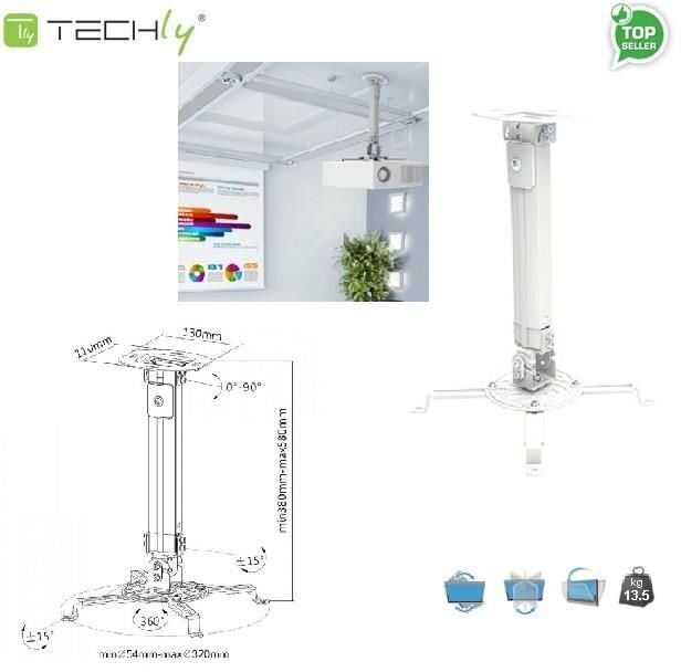 Techly laeprojektori hoidik, reguleeritav 38-58cm, kuni 13,5kg, valge hind ja info | Teleri seinakinnitused ja hoidjad | kaup24.ee