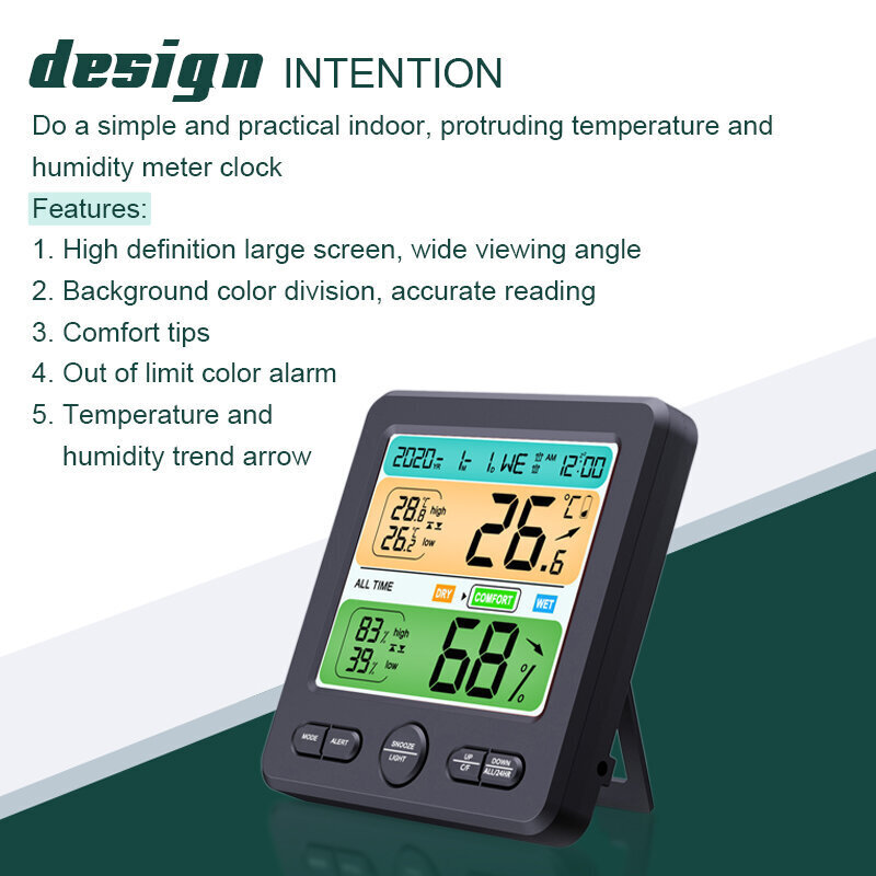 Siseruumide digitaalne termomeeter, hügromeeter ja äratuskell hind ja info | Ilmajaamad, termomeetrid | kaup24.ee