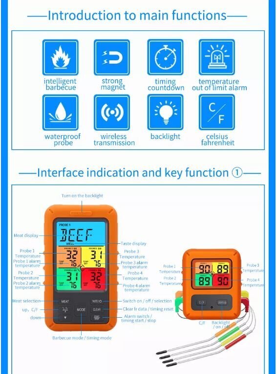 Juhtmevaba puuteekraaniga toidu / liha termomeeter grillimiseks koos 4 sondiga hind ja info | Grillitarvikud ja grillnõud | kaup24.ee