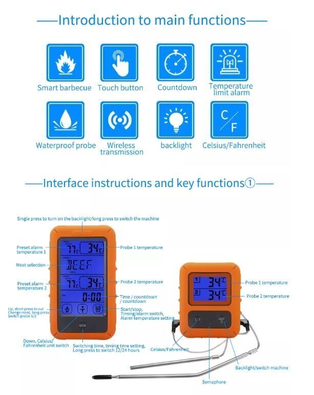 Juhtmeta puuteekraaniga köögitermomeeter grillimiseks koos 2 sondiga цена и информация | Grillitarvikud ja grillnõud | kaup24.ee
