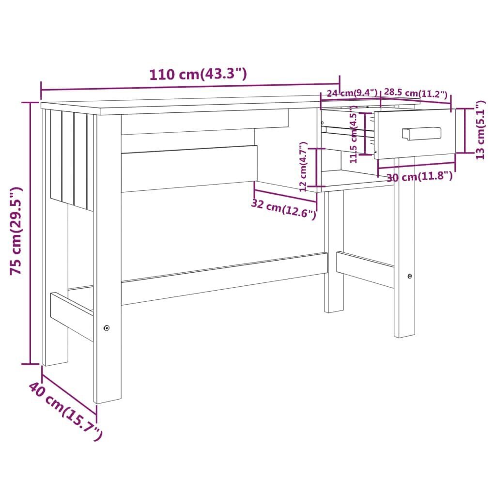 vidaXL laud, helehall, 110x40x75 cm, toekas männipuit hind ja info | Arvutilauad, kirjutuslauad | kaup24.ee