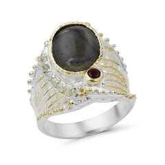 Ilus hõbesõrmus (925) Kassisilma ja Rodoliidiga, osaliselt kollase kullaga kullatud F50261EU-57 hind ja info | Sõrmused | kaup24.ee