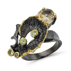 Ilus hõbesõrmus (925) Tsitriini ja Peridootidega, kaetud musta roodiumi ja kollase kullaga F50252 hind ja info | Sõrmused | kaup24.ee