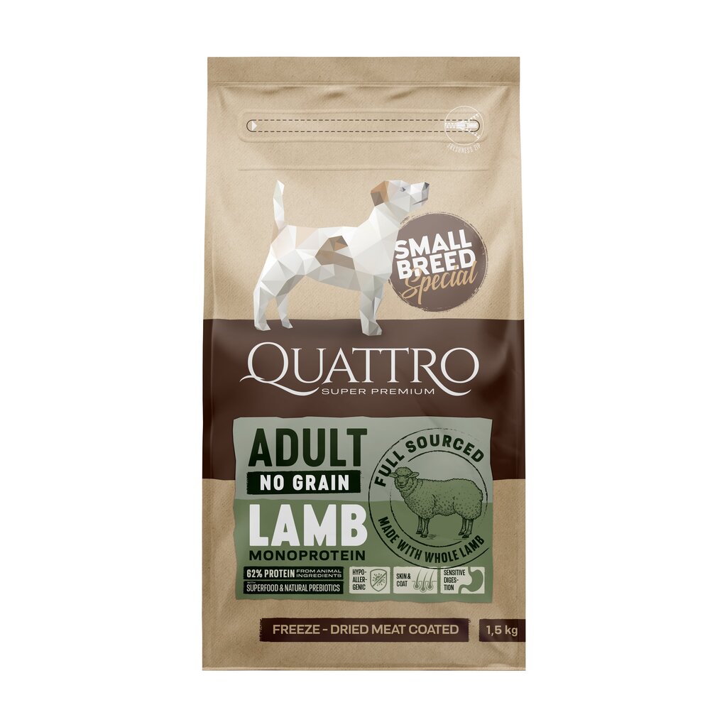 Quattro Small Breed Adult teraviljavaba monoproteiiniga kuivtoit väikest tõugu koertele lambalihaga, 7kg hind ja info | Kuivtoit koertele | kaup24.ee