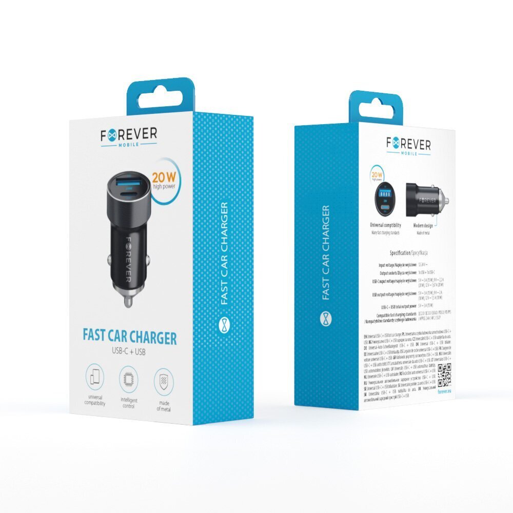 Forever CC-06 PD3.0 + QC3.0 car charger 1x USB-C 1x USB 20W black цена и информация | Mobiiltelefonide laadijad | kaup24.ee