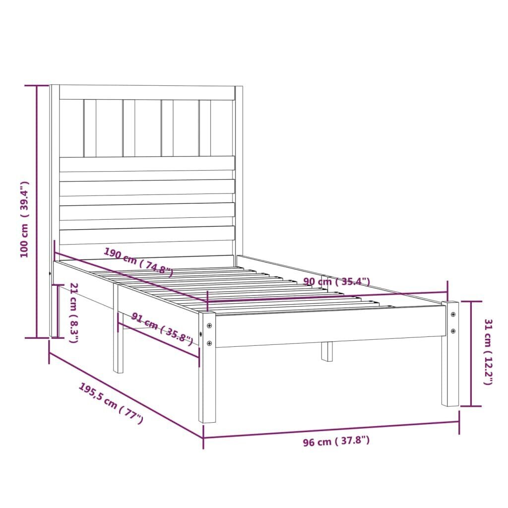 vidaXL voodiraam, täismännipuit, 90 x 190 cm hind ja info | Voodid | kaup24.ee