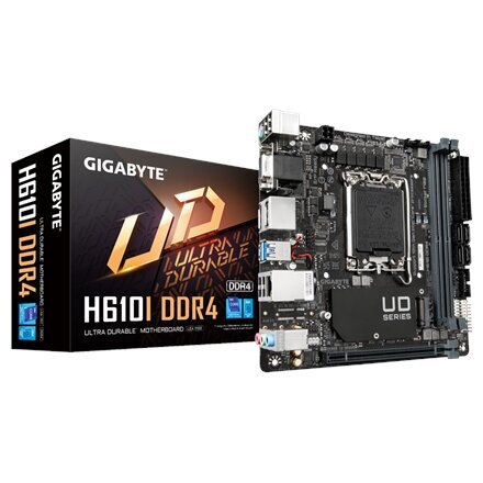 Gigabyte H610I DDR4 1.0 M/B Processor family Intel, Processor socket LGA1700, DDR4 DIMM, Memory slots 2, Supported hard disk drive interfaces SATA, M.2, Number of SATA connectors 4, Chipse hind ja info | Emaplaadid | kaup24.ee