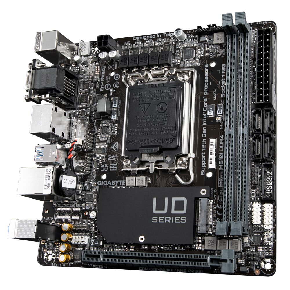 Gigabyte H610I DDR4 1.0 M/B Processor family Intel, Processor socket LGA1700, DDR4 DIMM, Memory slots 2, Supported hard disk drive interfaces SATA, M.2, Number of SATA connectors 4, Chipse hind ja info | Emaplaadid | kaup24.ee