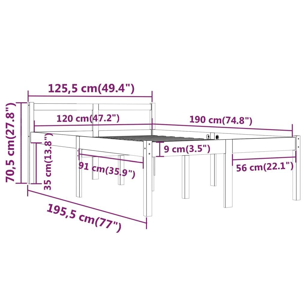 vidaXL voodiraam, valge, täismännipuit 120x190 cm цена и информация | Voodid | kaup24.ee