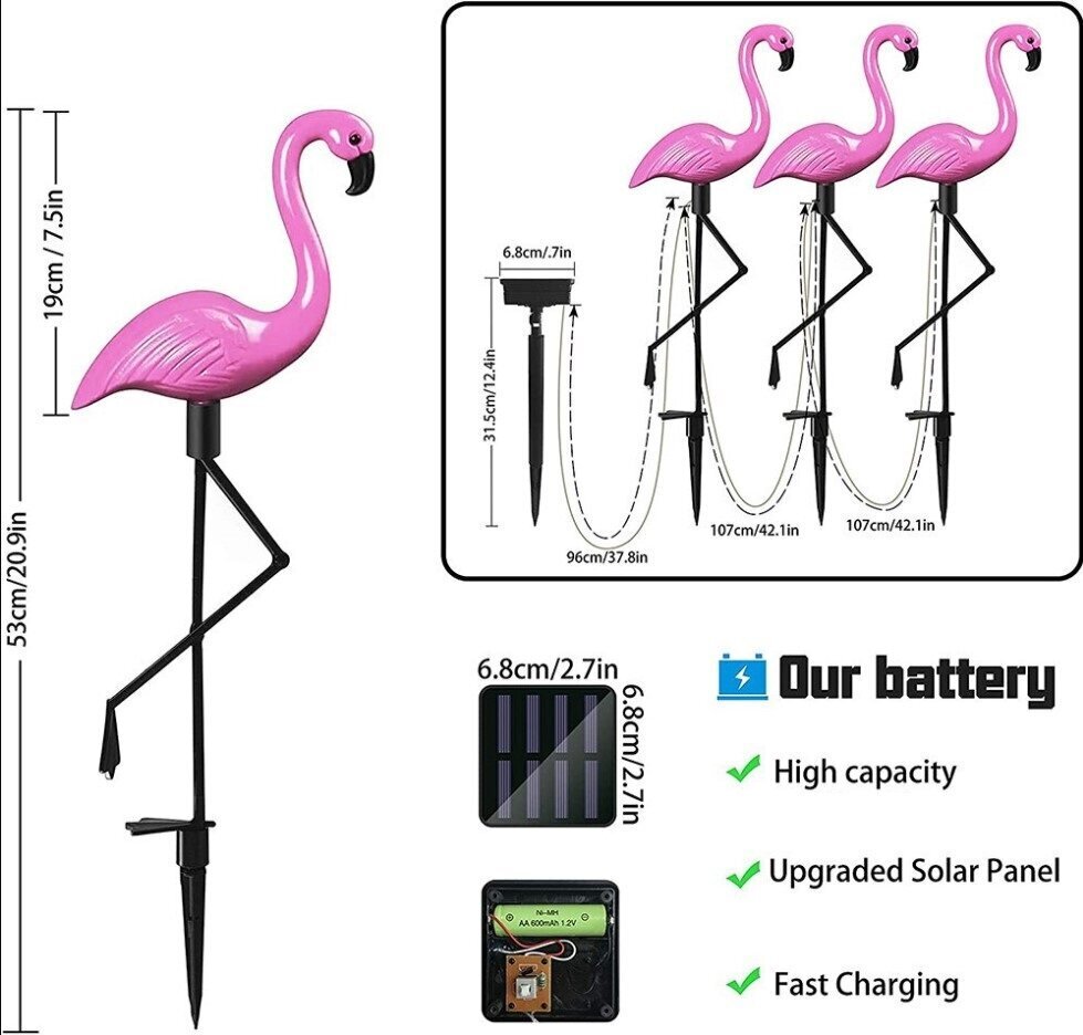 LED päikeseenergiaga aiavalgustite komplekt - Flamingod, 3 tk, 53cm hind ja info | Aia- ja õuevalgustid | kaup24.ee