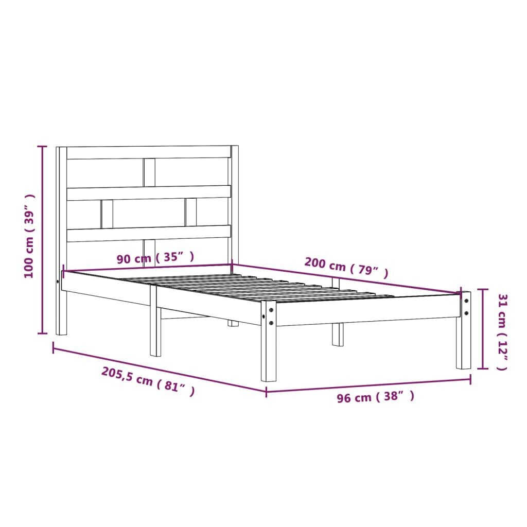 vidaXL voodiraam, hall, täismännipuit, 90 x 200 cm hind ja info | Voodid | kaup24.ee