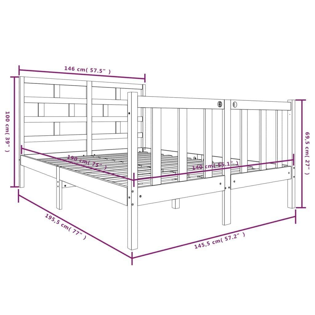 vidaXL voodiraam, valge, täismännipuit, 140 x 190 cm hind ja info | Voodid | kaup24.ee