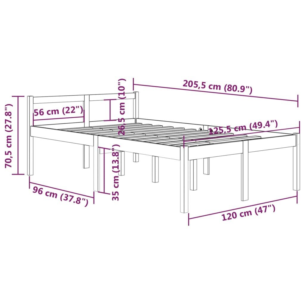 vidaXL voodiraam, valge, männipuit, 120 x 200 cm hind ja info | Voodid | kaup24.ee