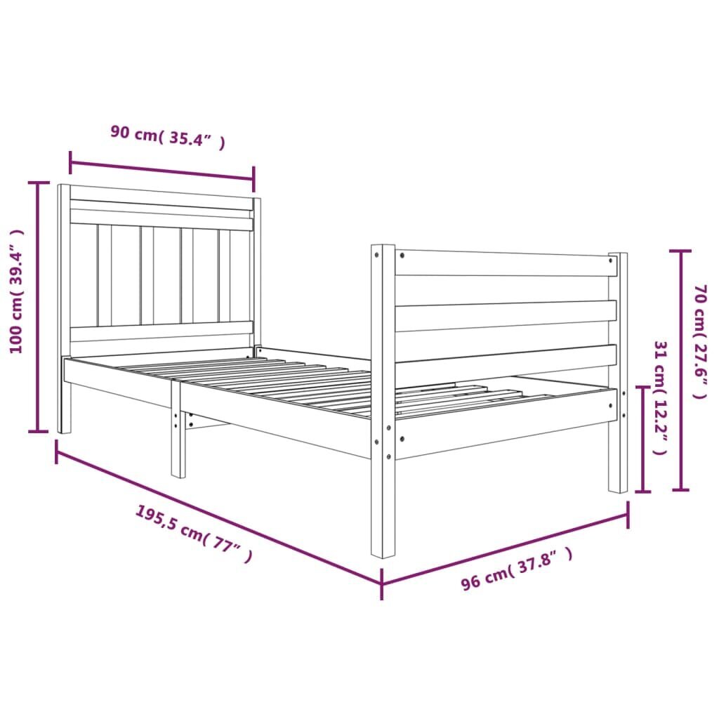 vidaXL voodiraam, valge, täispuit, 90 x 190 cm hind ja info | Voodid | kaup24.ee