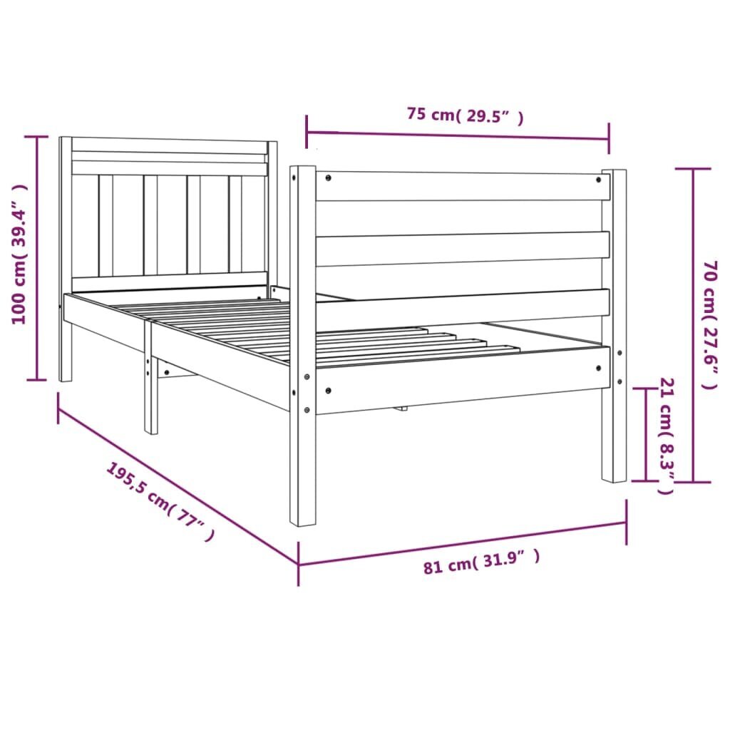 vidaXL voodiraam, valge, täispuit, 75 x 190 cm цена и информация | Voodid | kaup24.ee