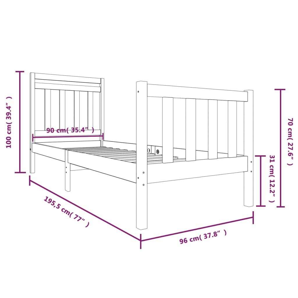 vidaXL voodiraam, valge, täispuit, 90 x 190 cm цена и информация | Voodid | kaup24.ee