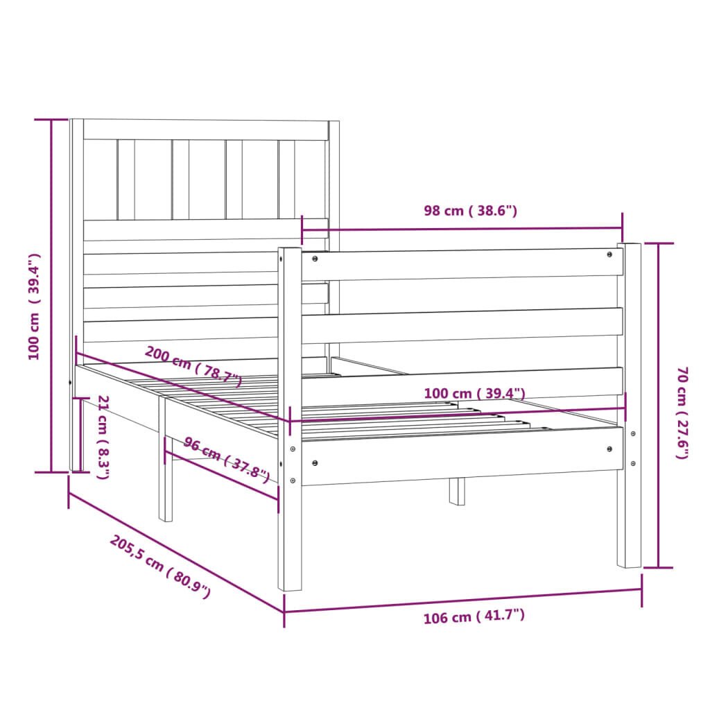 vidaXL voodiraam, täismännipuit, 100 x 200 cm hind ja info | Voodid | kaup24.ee