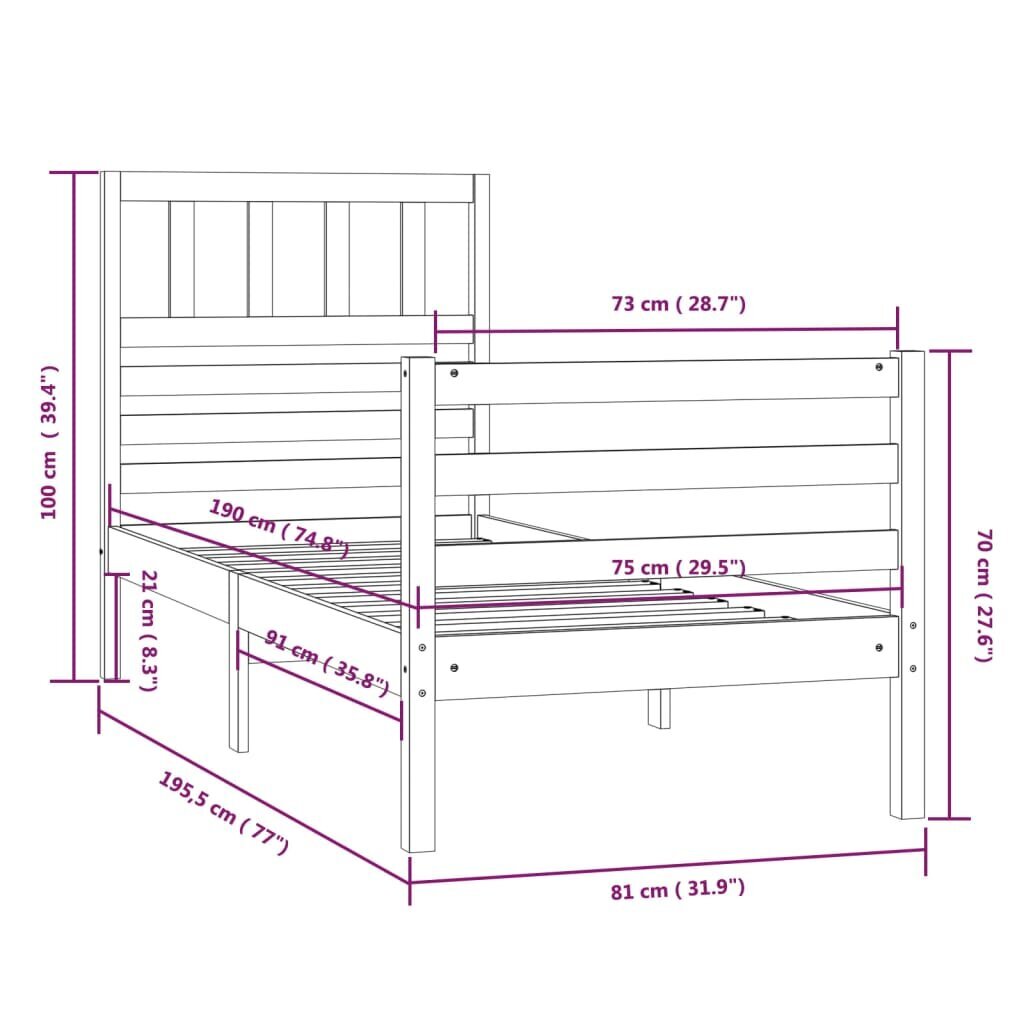 vidaXL voodiraam, valge, täismännipuit, 75 x 190 cm hind ja info | Voodid | kaup24.ee