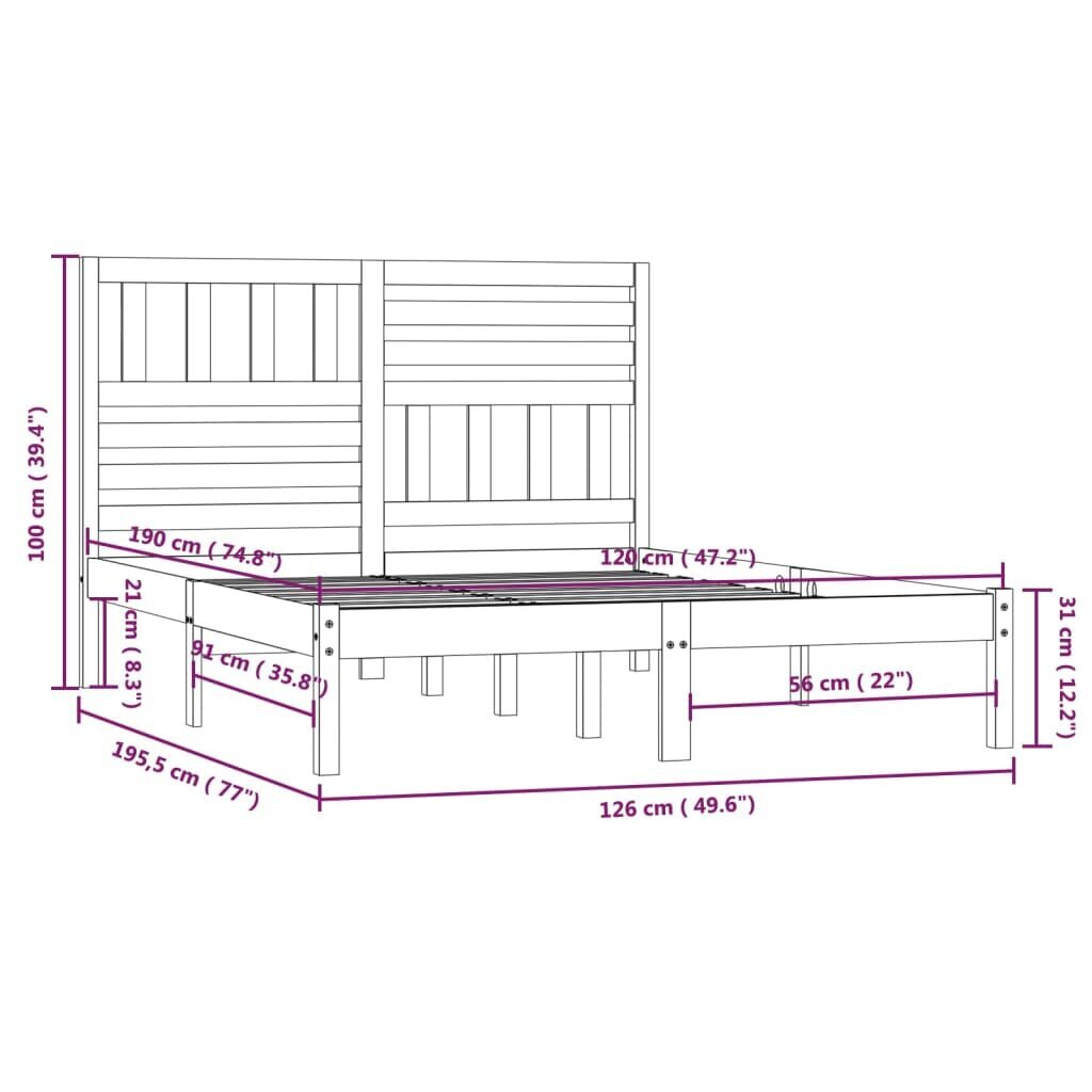 vidaXL voodiraam, valge, täismännipuit, 120 x 190 cm hind ja info | Voodid | kaup24.ee