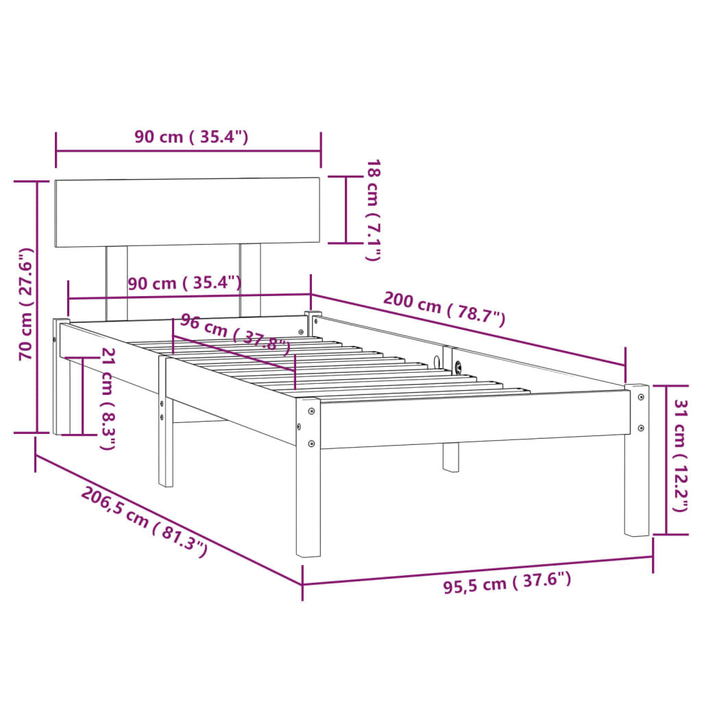 vidaXL voodiraam, valge, männipuit, 90 x 200 cm hind ja info | Voodid | kaup24.ee