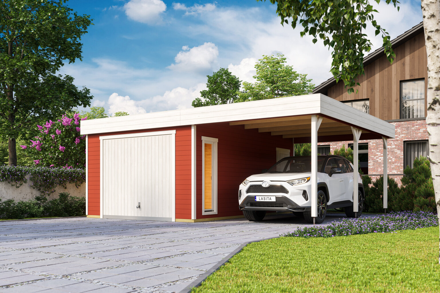 Garaaž katusealusega Bahamas 34,6 m² Hörmanni puitlaudisega tõsteuksega цена и информация | Kuurid ja aiamajad | kaup24.ee