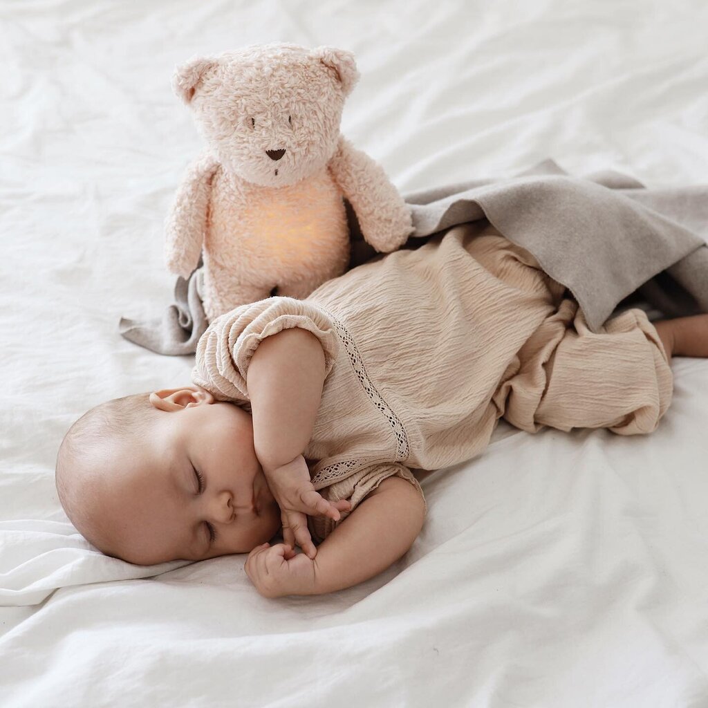 Öölamp hällilaulu ja roosa müraga Moonie karuga, karamellivärv hind ja info | Imikute mänguasjad | kaup24.ee