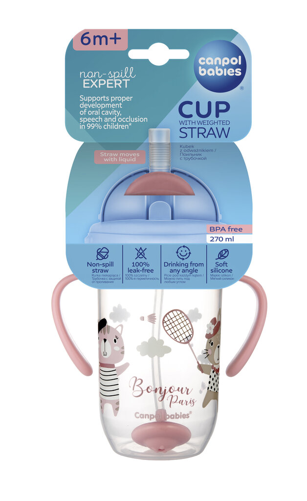 Mittenakkuv pudel kõrrega Canpol Babies BONJOUR PARIS, 6 kuud+, 270ml, toim., 56/607_red hind ja info | Lutipudelid ja aksessuaarid | kaup24.ee