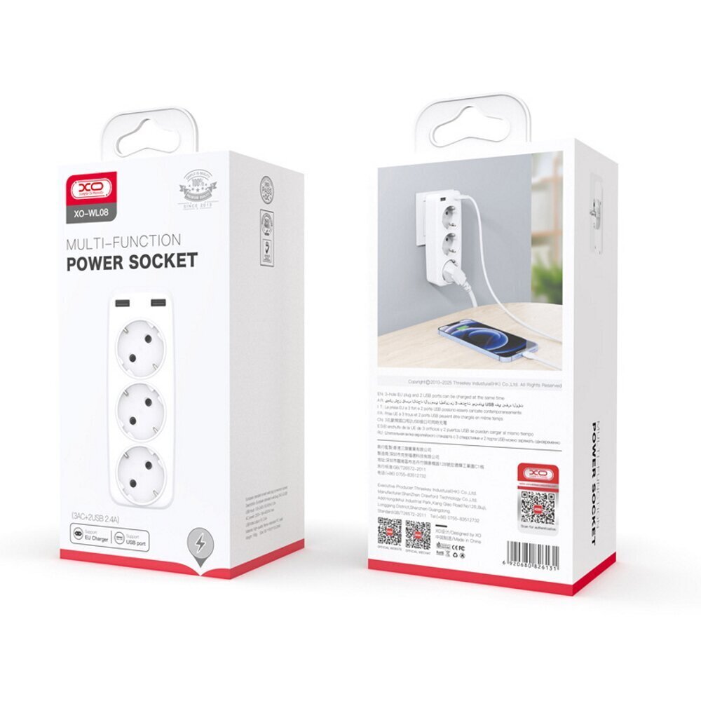 XO wall charger with socket splitter WL08 2,4 A 2x USB white 16A 4000W MAX hind ja info | Pikendusjuhtmed, kaablid | kaup24.ee