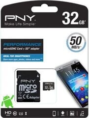 PNY SDU32GPER50-EF, micro SDHC 32GB (+ SD adapter) hind ja info | Mobiiltelefonide mälukaardid | kaup24.ee