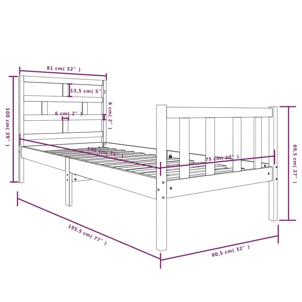 vidaXL voodiraam, valge, täispuit, 75 x 190 cm цена и информация | Voodid | kaup24.ee