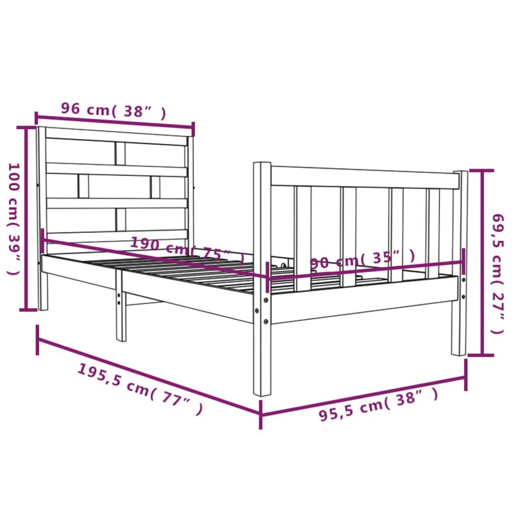 vidaXL voodiraam, täismännipuit, 90 x 190 cm цена и информация | Voodid | kaup24.ee