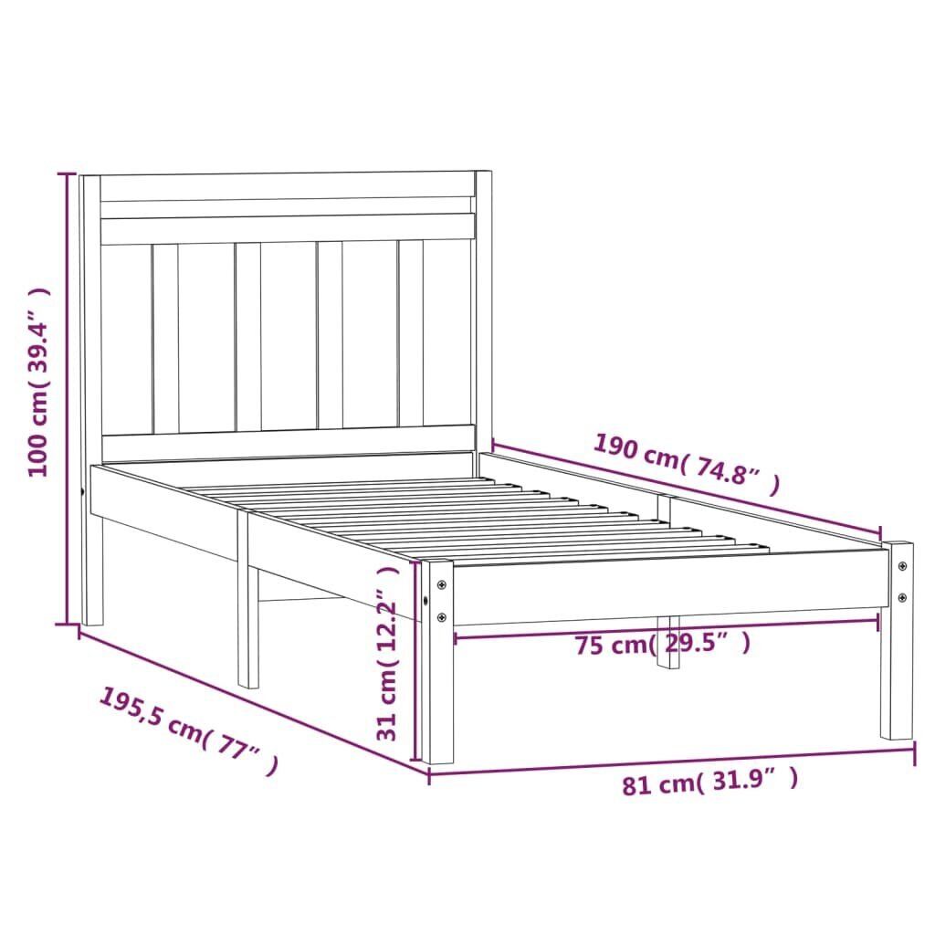 vidaXL voodiraam, täismännipuit, 75 x 190 cm цена и информация | Voodid | kaup24.ee