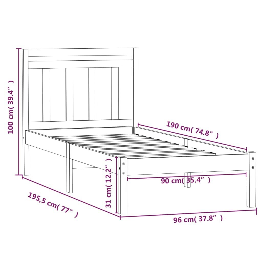 vidaXL voodiraam, must, täispuit, 90 x 190 cm цена и информация | Voodid | kaup24.ee