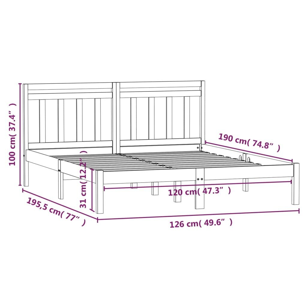 vidaXL voodiraam, meepruun, täispuit, 120 x 190 cm hind ja info | Voodid | kaup24.ee