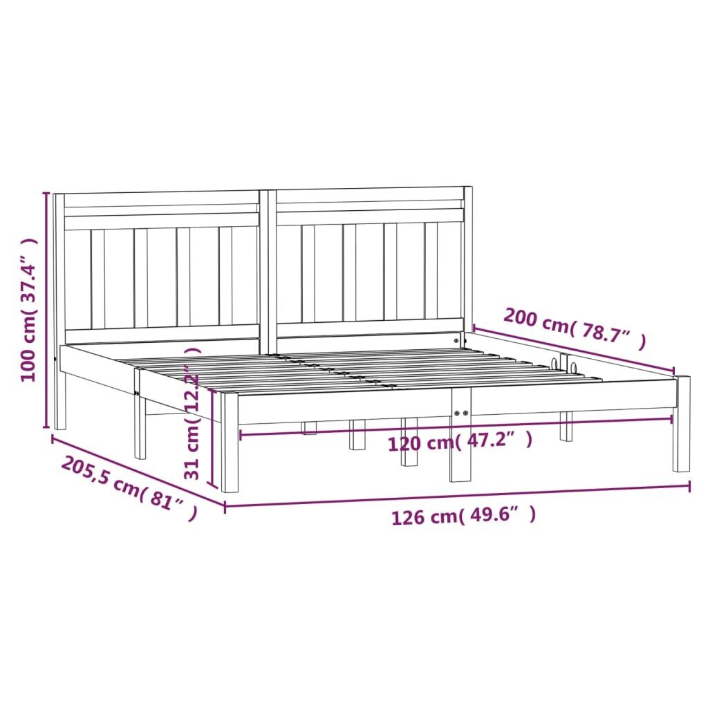 vidaXL voodiraam, valge, täismännipuit, 120 x 200 cm hind ja info | Voodid | kaup24.ee