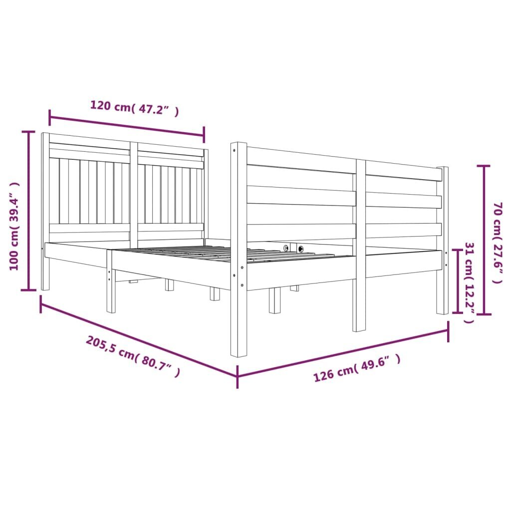 vidaXL voodiraam, valge, täismännipuit, 120 x 200 cm hind ja info | Voodid | kaup24.ee