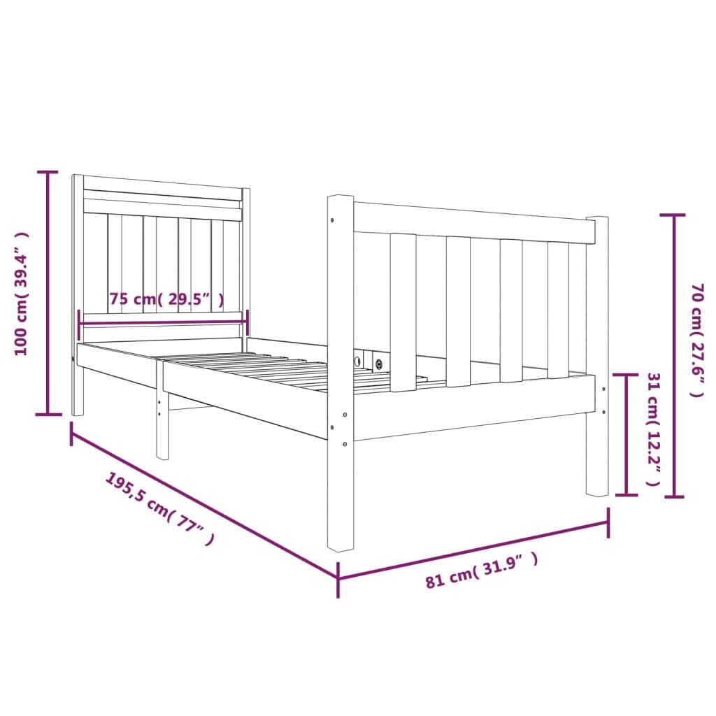 vidaXL voodiraam, valge, täispuit, 75 x 190 cm hind ja info | Voodid | kaup24.ee