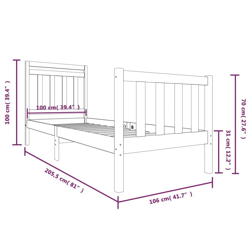 vidaXL voodiraam, valge, täismännipuit, 100 x 200 cm hind ja info | Voodid | kaup24.ee