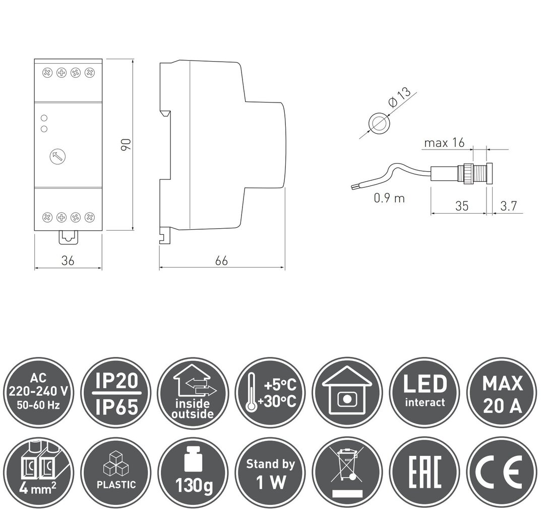 Jõuvõtuvõlli fotorelee CZ-1, hämarusandur 360° IP20, valge цена и информация | Andurid, sensorid | kaup24.ee