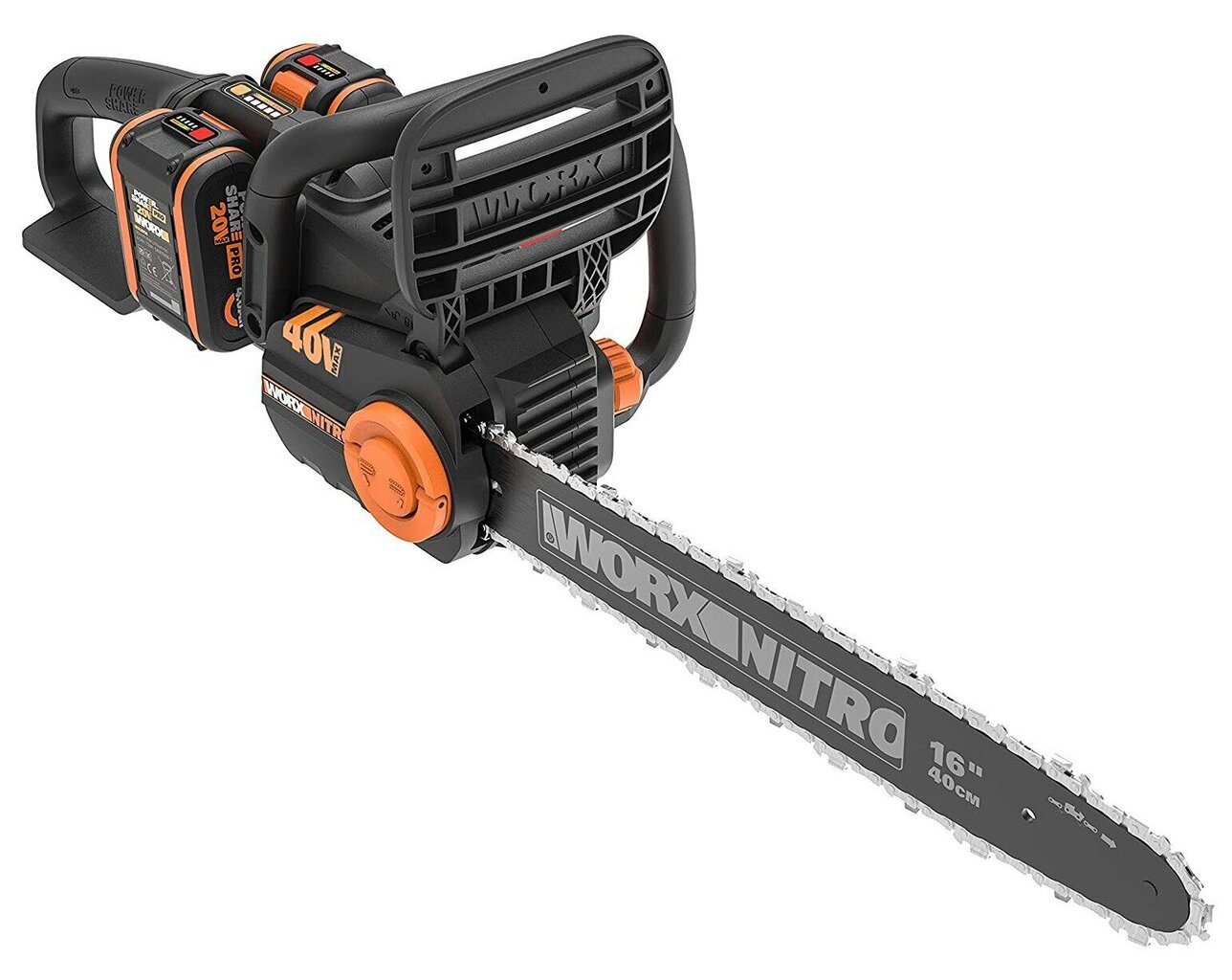 WORX WG385E chainsaw 40 cm 2x 20V 4,0Ah Black, Orange цена и информация | Elektrilised saed, mootorsaed ja tarvikud | kaup24.ee