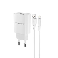 Сетевая зарядка Borofone BN2 2xUSB 2.1A + Lightning, белая цена и информация | Зарядные устройства для телефонов | kaup24.ee