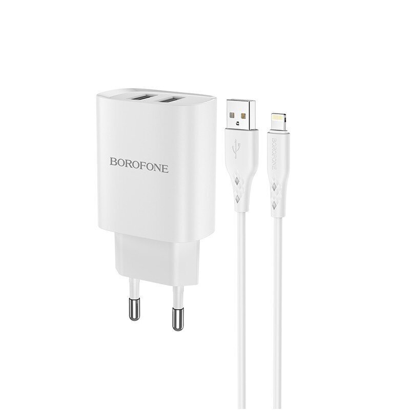 Laadija Borofone Borofone BN2 2xUSB 2.1A + Lightning valge hind ja info | Mobiiltelefonide laadijad | kaup24.ee