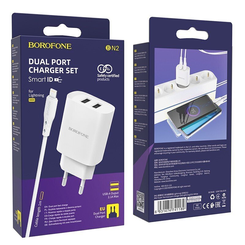 Laadija Borofone Borofone BN2 2xUSB 2.1A + Lightning valge цена и информация | Mobiiltelefonide laadijad | kaup24.ee