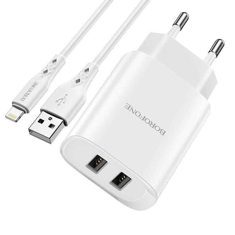 Laadija Borofone Borofone BN2 2xUSB 2.1A + Lightning valge hind ja info | Mobiiltelefonide laadijad | kaup24.ee