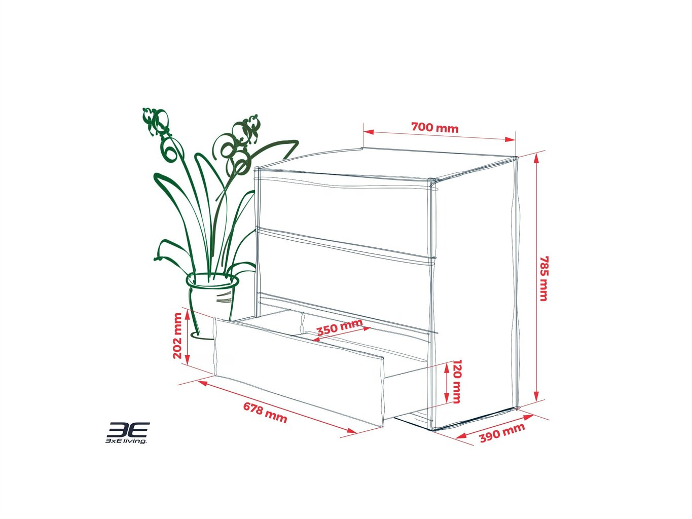 Kummut 3 x Eliving Demi, 3 sahtliga, 70 cm, must цена и информация | Kummutid | kaup24.ee