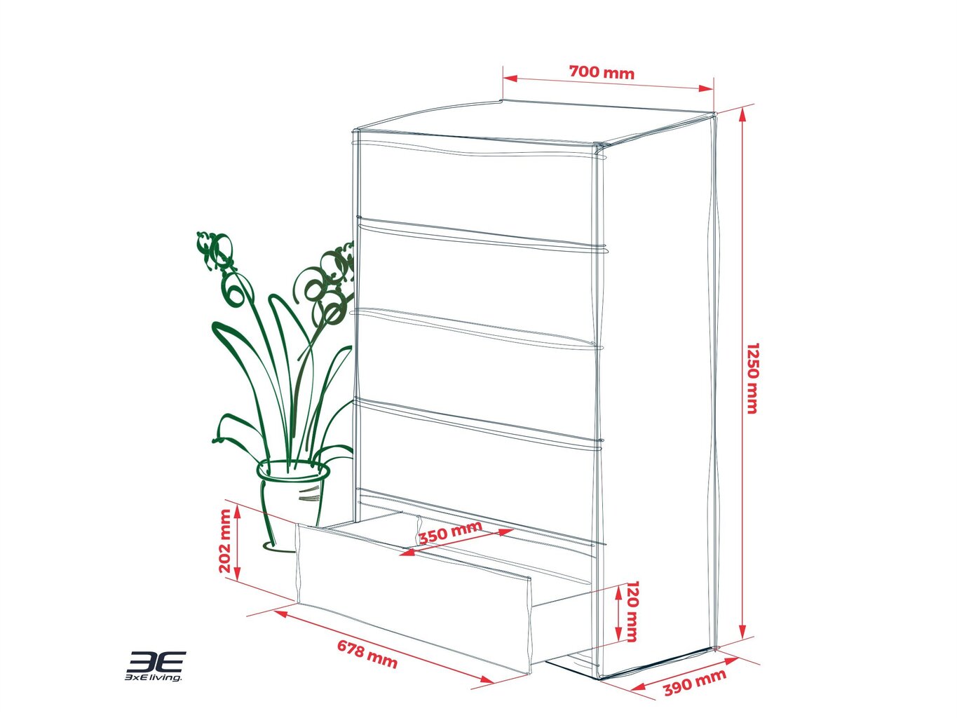 Kummut 3 x Eliving Demi, 5 sahtliga, 70 cm, must цена и информация | Kummutid | kaup24.ee