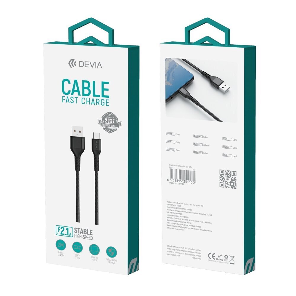 Devia cable Gracious USB - USB-C 2,0 m 2,1A black hind ja info | Mobiiltelefonide kaablid | kaup24.ee
