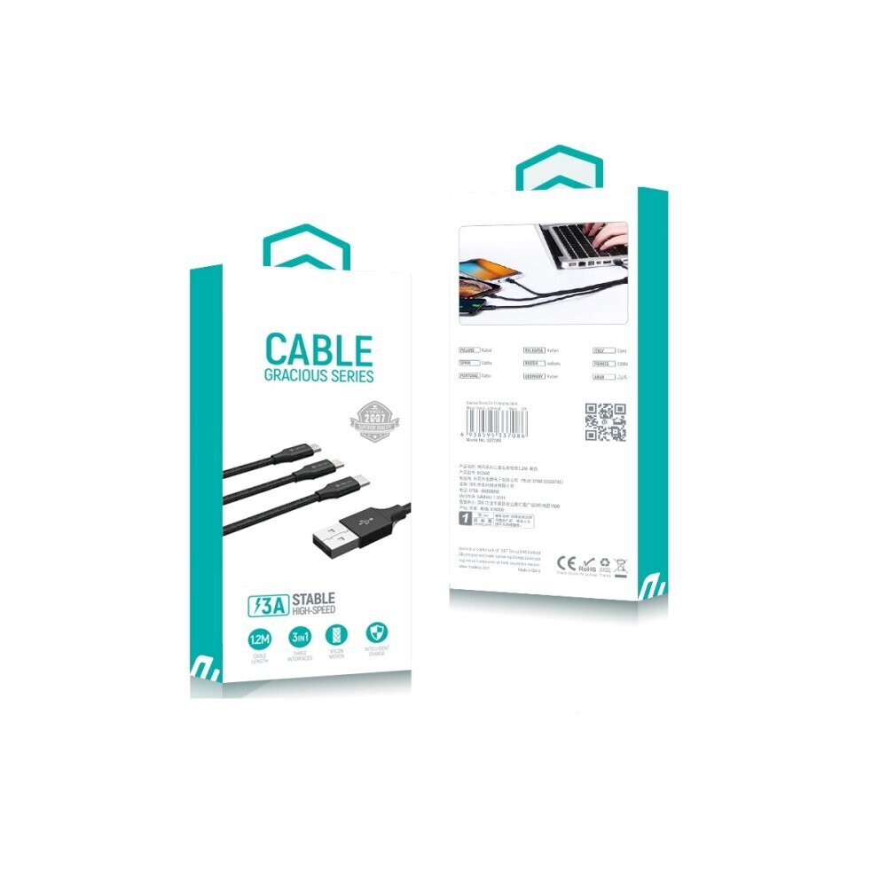 Devia cable Gracious 3in1 USB - Lightning + USB-C + microUSB 1,2 m 3A black hind ja info | Mobiiltelefonide kaablid | kaup24.ee