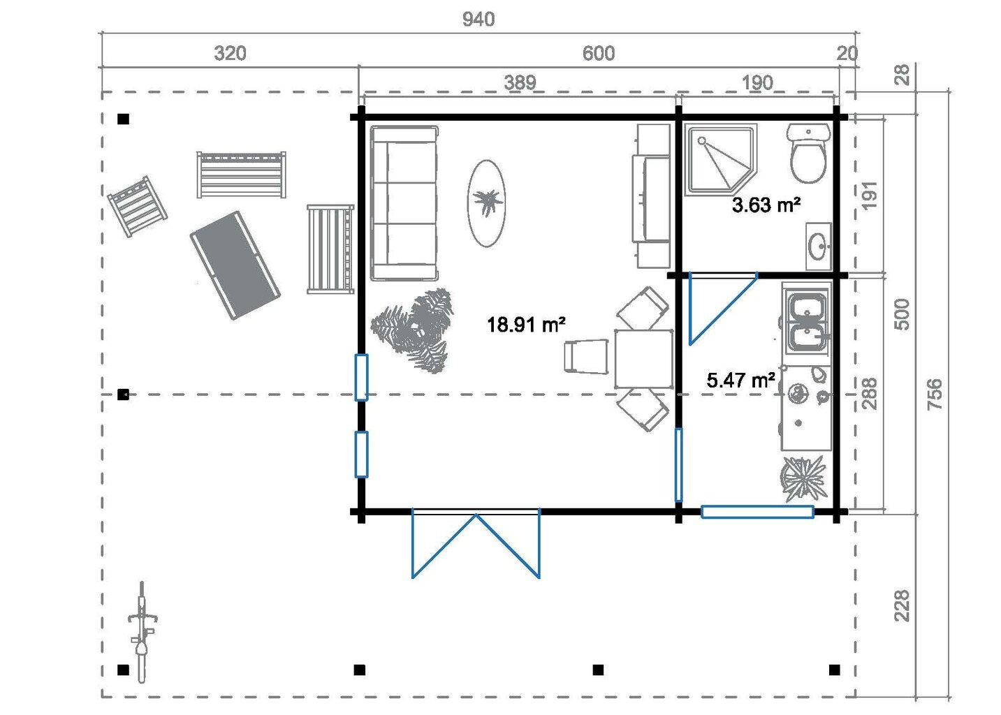 Suvemaja 3 ruumiga Blue Hotel 28,5 m²+suur terrass 21m² hind ja info | Kuurid ja aiamajad | kaup24.ee