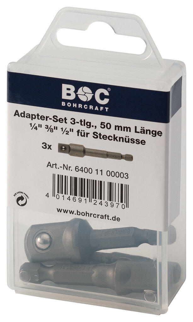 Adapterikomplekt 1/4", 3/8", 1/2" x 50 mm Bohrcraft, kuuskant 1/4 цена и информация | Käsitööriistad | kaup24.ee